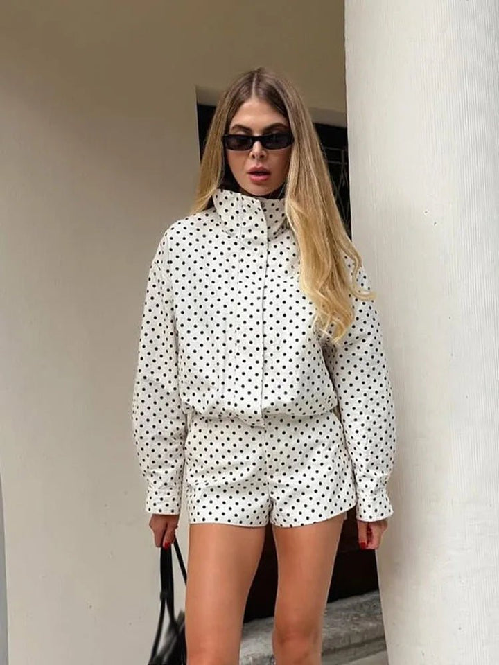 Women's cropped polka dot jacket with high collar and long sleeves