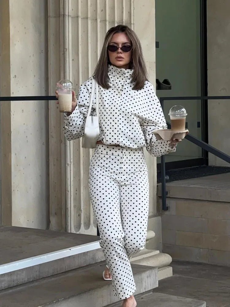Women's cropped polka dot jacket with high collar and long sleeves