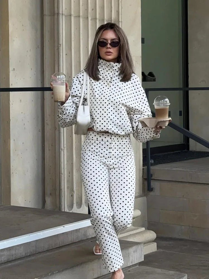 Women's cropped polka dot jacket with high collar and long sleeves