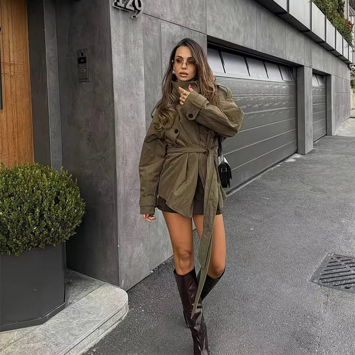 Women's olive belted trench coat with high collar and long sleeves