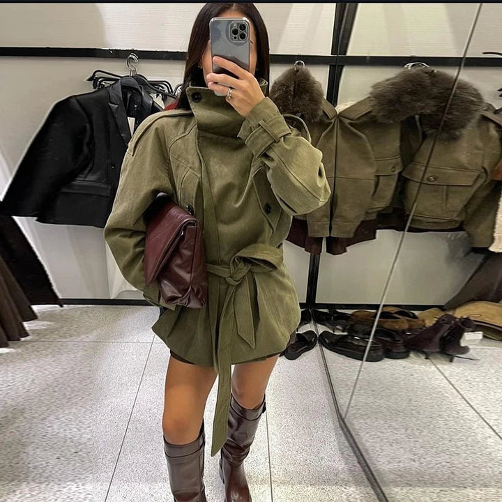 Women's olive belted trench coat with high collar and long sleeves