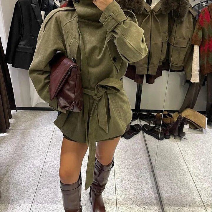 Women's olive belted trench coat with high collar and long sleeves