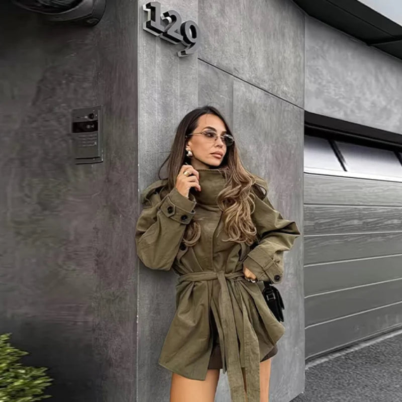 Women's olive belted trench coat with high collar and long sleeves
