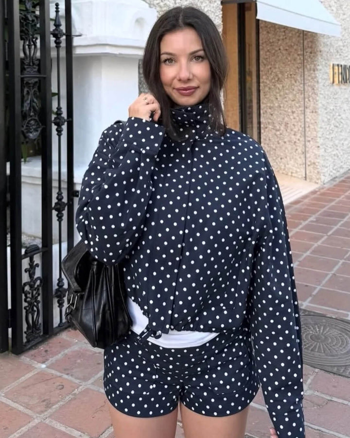 Women's cropped polka dot jacket with high collar and long sleeves