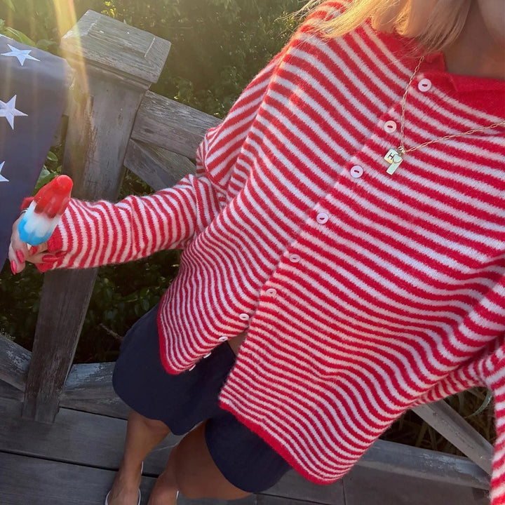 Women's striped button front cardigan with crew neckline and long sleeves