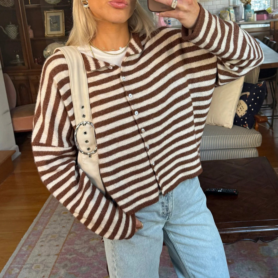 Women's striped button front cardigan with crew neckline and long sleeves