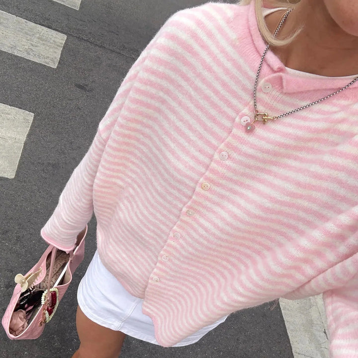 Women's striped button front cardigan with crew neckline and long sleeves