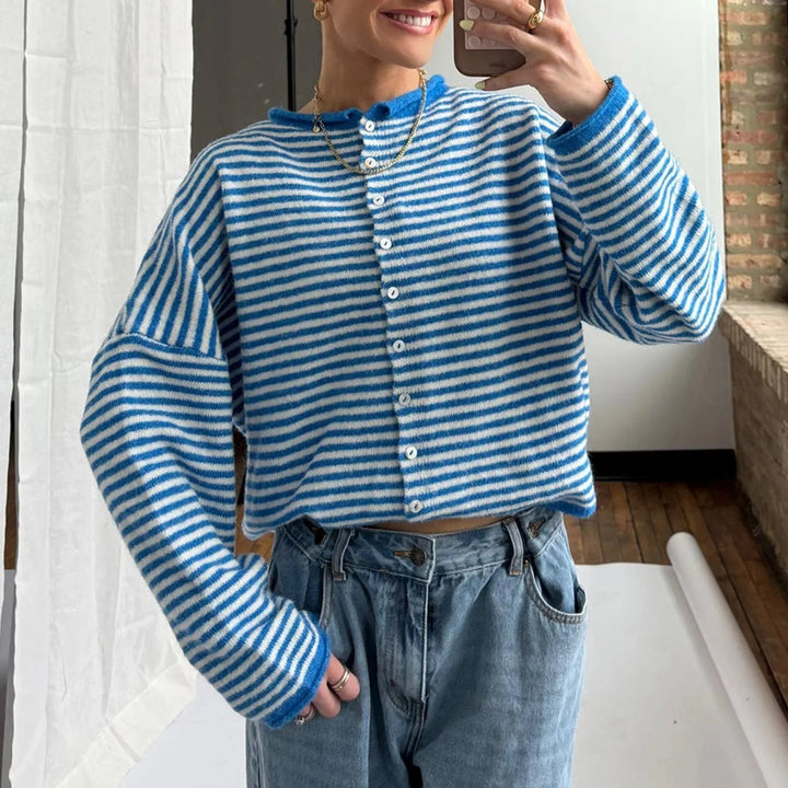 Women's striped button front cardigan with crew neckline and long sleeves