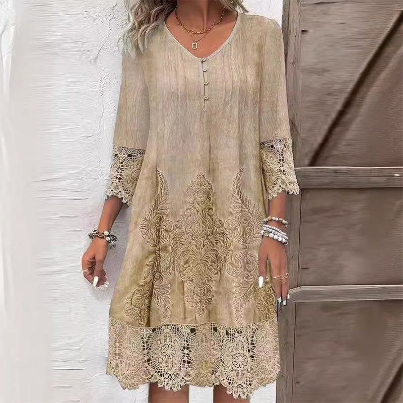 Boho Dress for Women | Midi Lace Hem Long Sleeve Dress