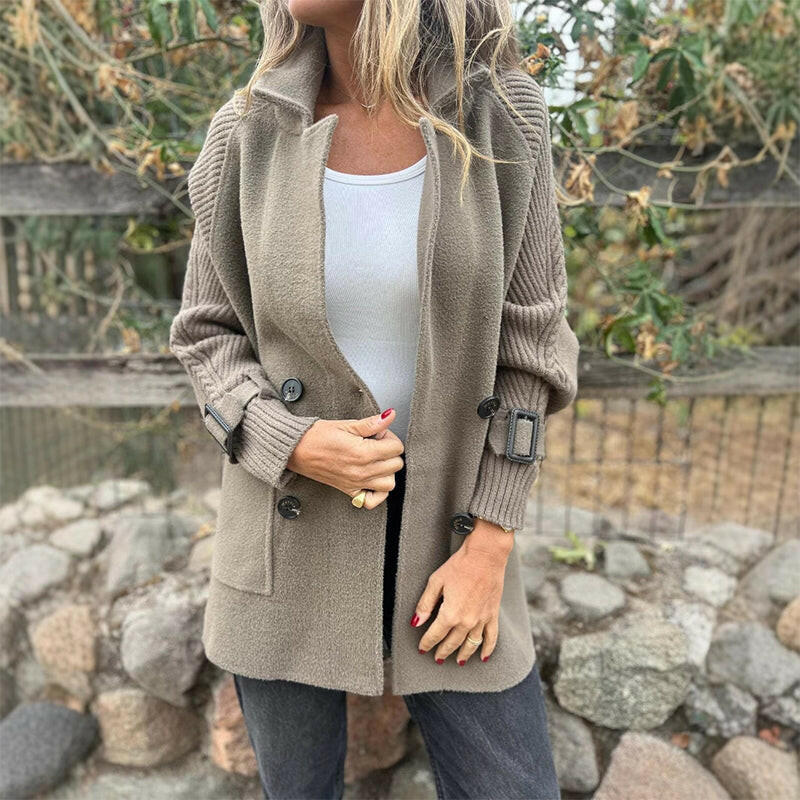 Women's double-breasted coat with long knit sleeves and buckle cuff details