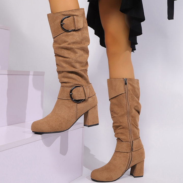 Women's knee-high boots with ruched shafts, double buckles and block heels