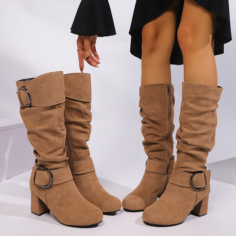 Women's knee-high boots with ruched shafts, double buckles and block heels