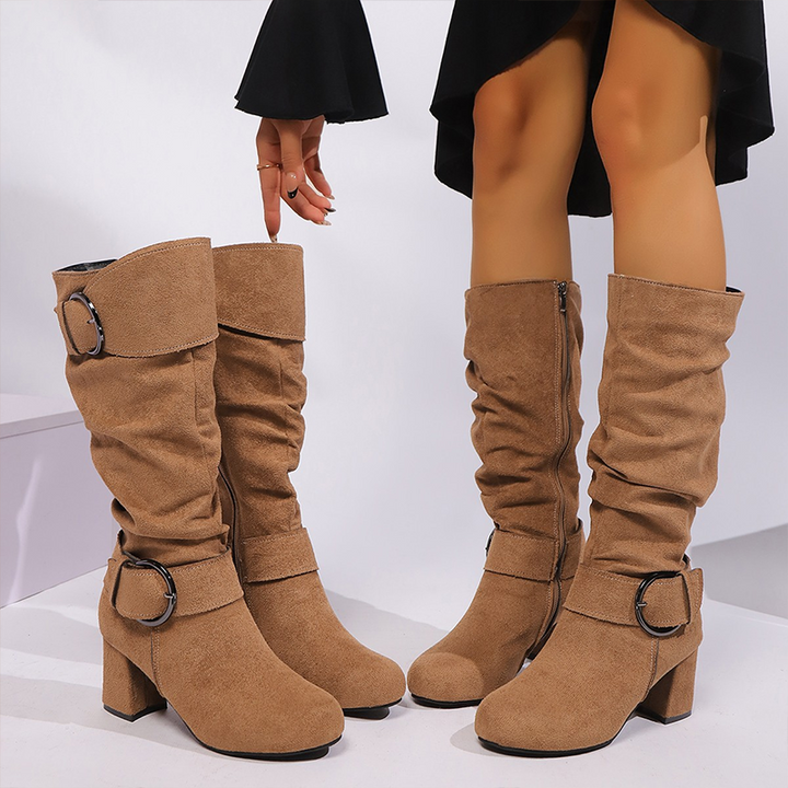 Women's knee-high boots with ruched shafts, double buckles and block heels