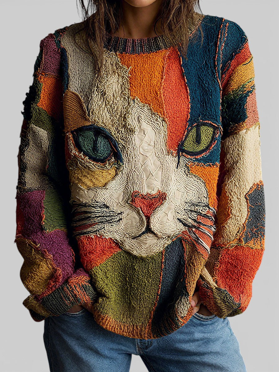 Women's multicolor knitted sweater with a large cat graphic and long sleeves
