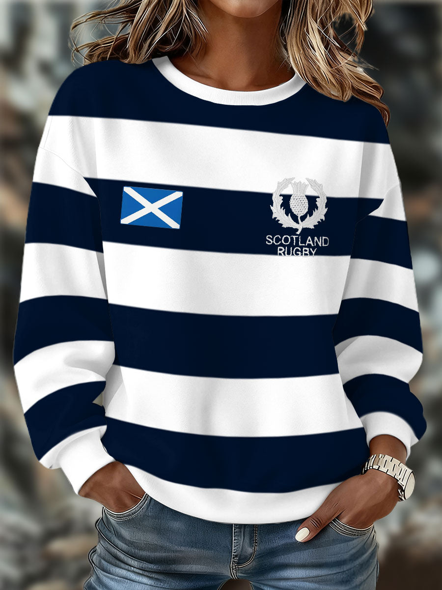 Women's navy and white striped Scotland Rugby sweatshirt with crew neck and long sleeves
