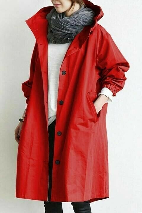Women's long hooded button-front raincoat with side pockets