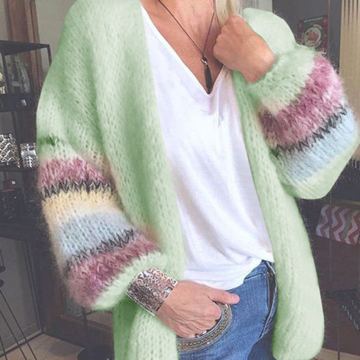 Women's textured knit cardigan with striped color block cuffs