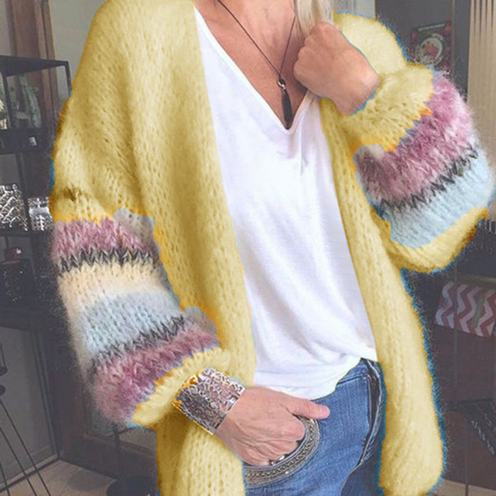 Women's textured knit cardigan with striped color block cuffs