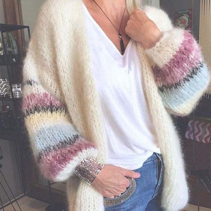 Women's textured knit cardigan with striped color block cuffs