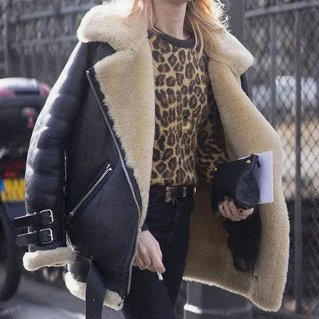Thea | Women's Faux Fur Lined Suede Oversized Moto Jacket