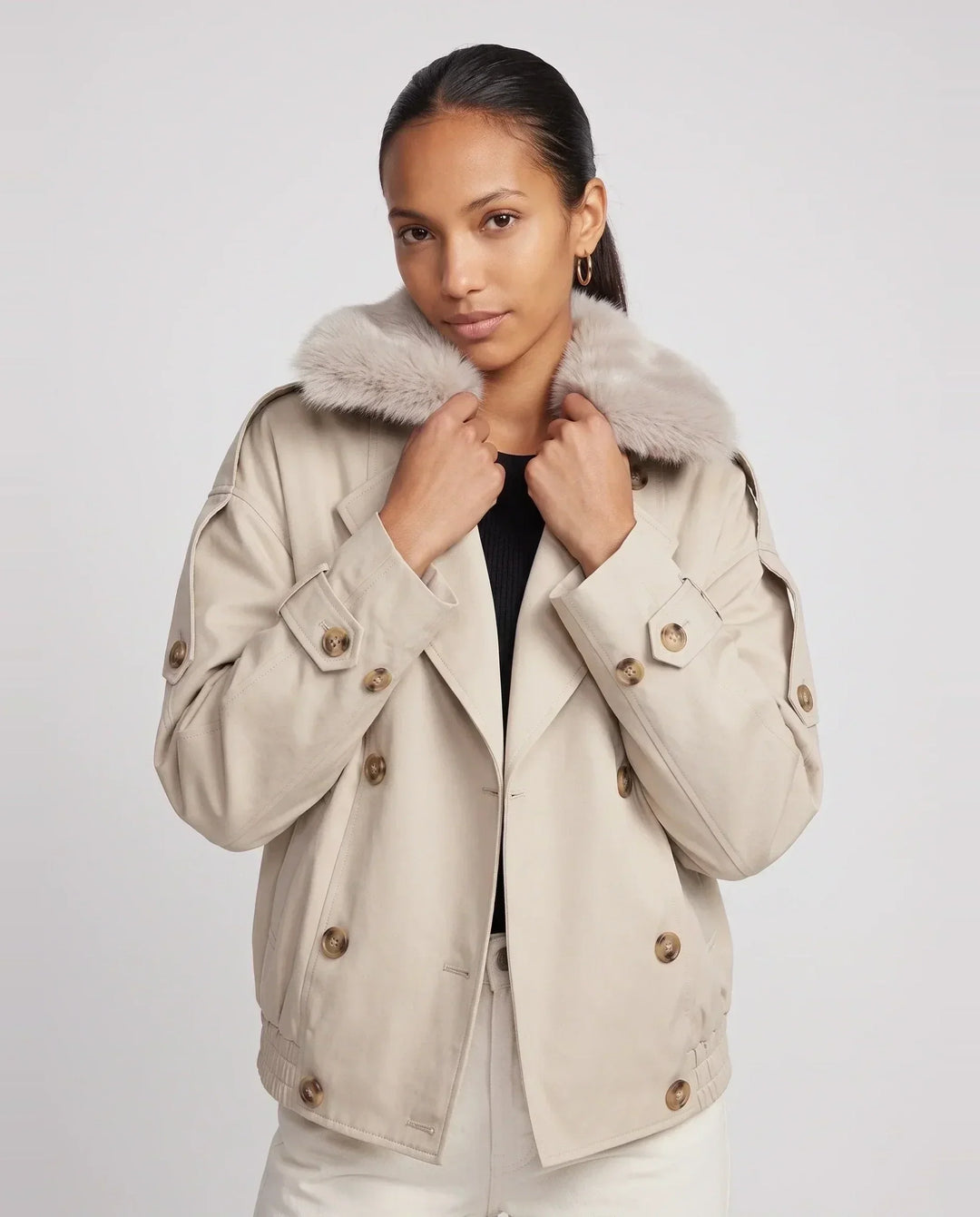 Women's beige short trench jacket with textured collar and button front