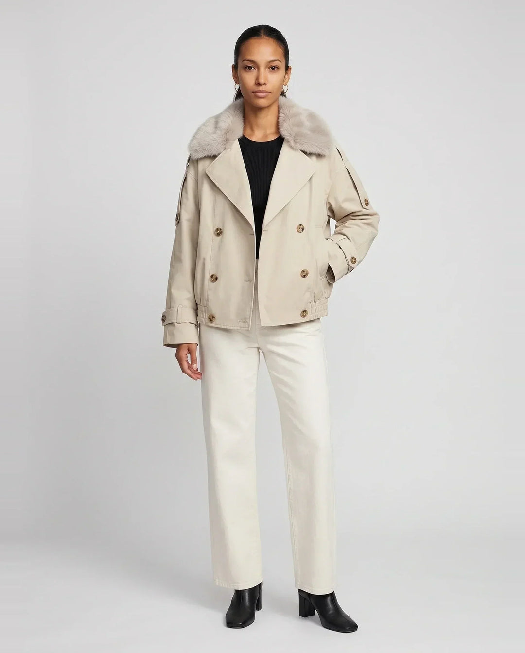 Women's beige short trench jacket with textured collar and button front