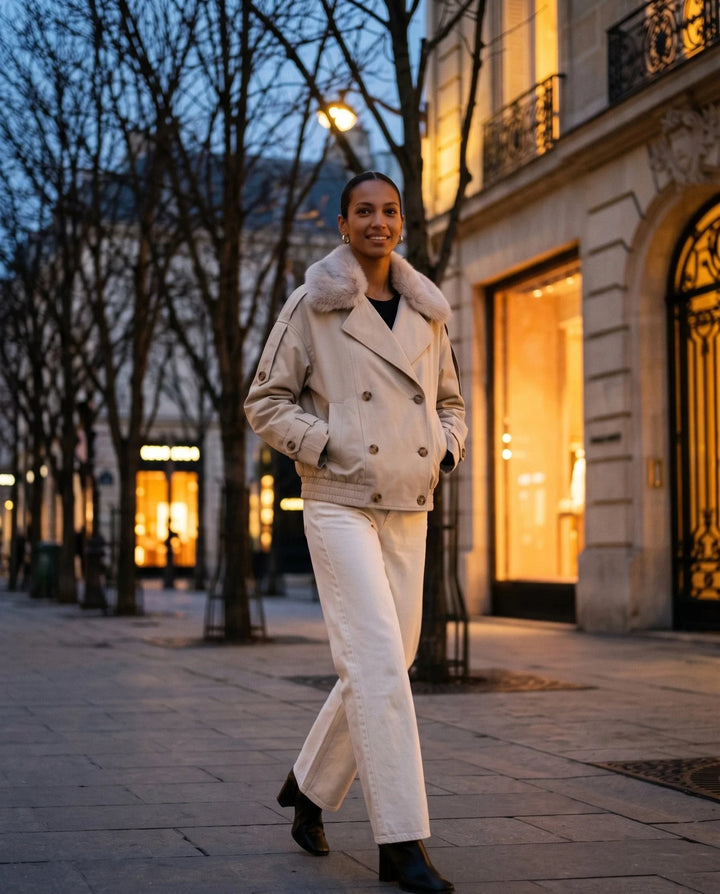 Women's beige short trench jacket with textured collar and button front
