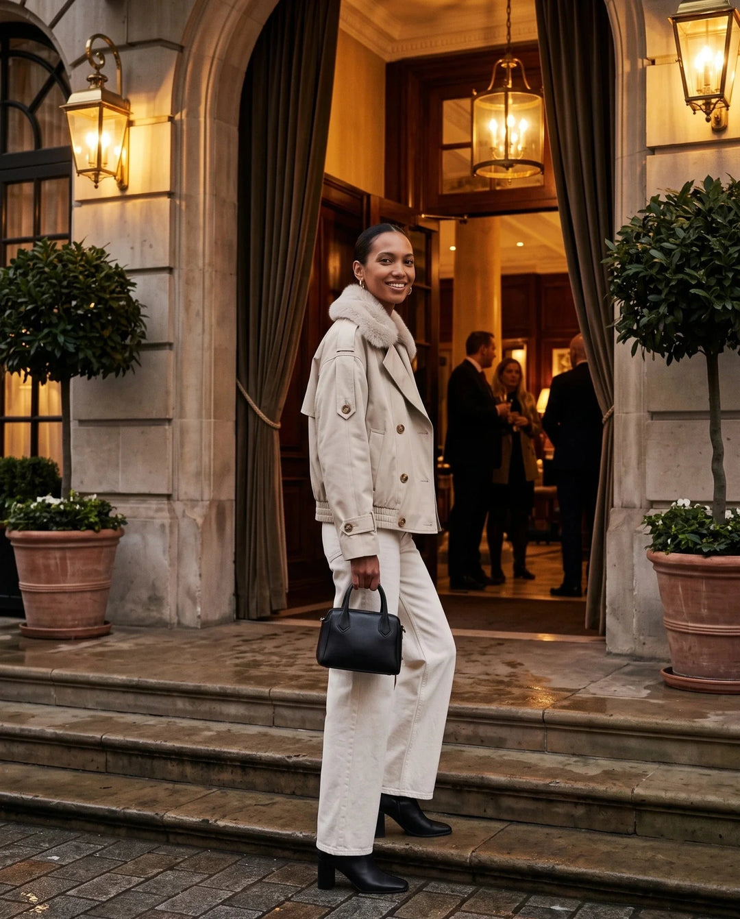 Women's beige short trench jacket with textured collar and button front