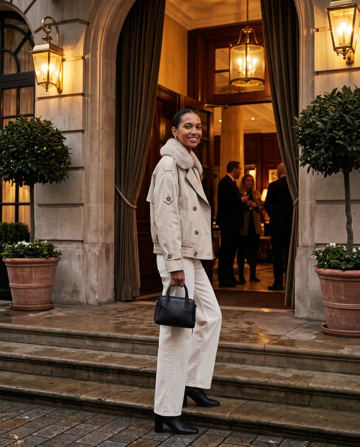 Women's beige short trench jacket with textured collar and button front