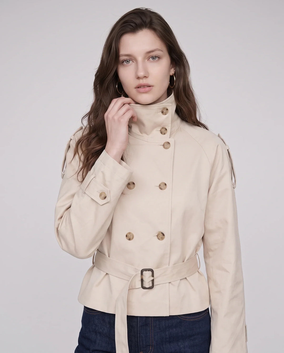Women's short belted trench jacket with high stand collar and long sleeves