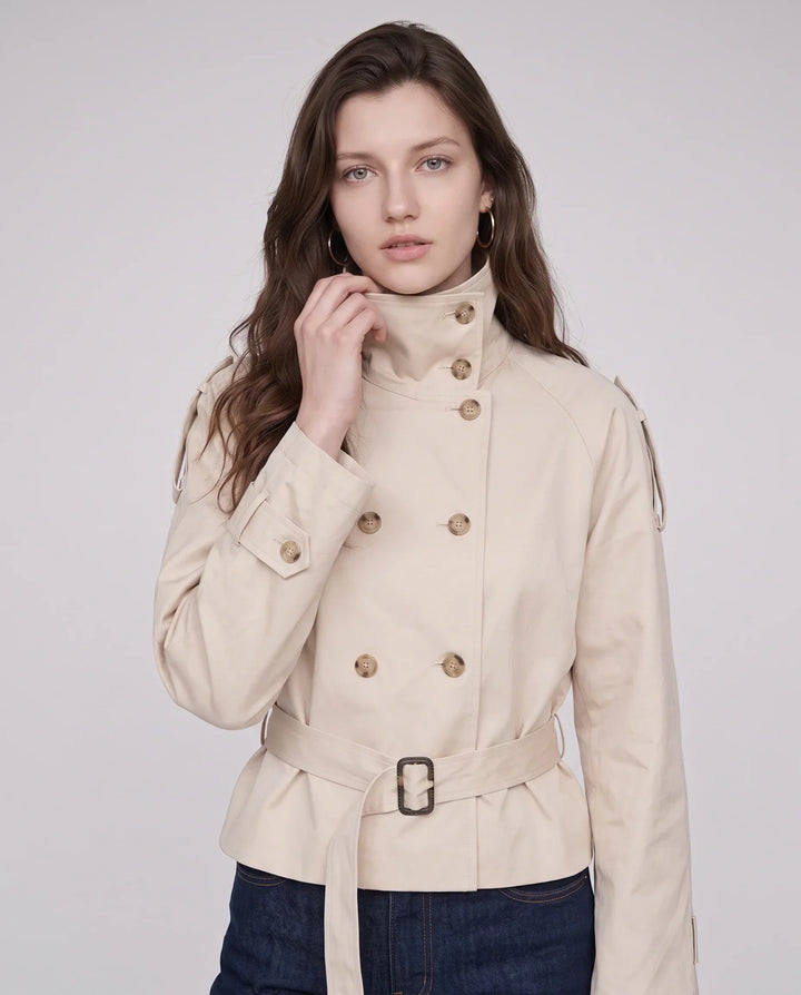 Women's short belted trench jacket with high stand collar and long sleeves