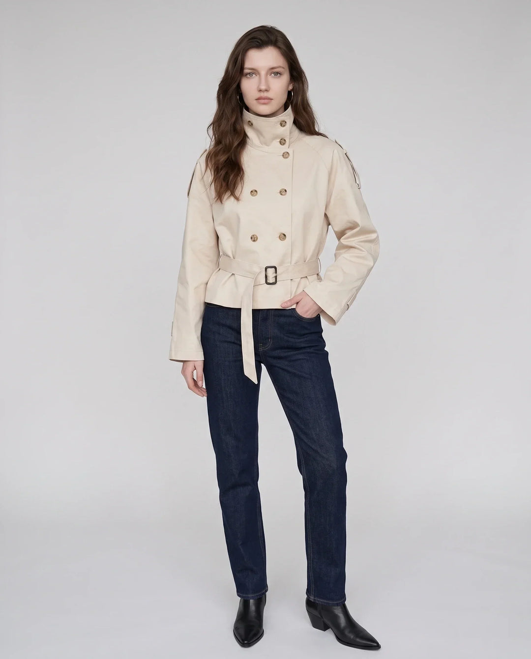 Women's short belted trench jacket with high stand collar and long sleeves