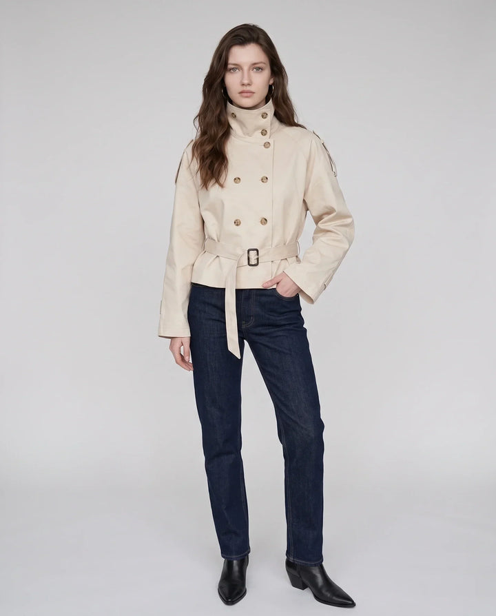 Women's short belted trench jacket with high stand collar and long sleeves