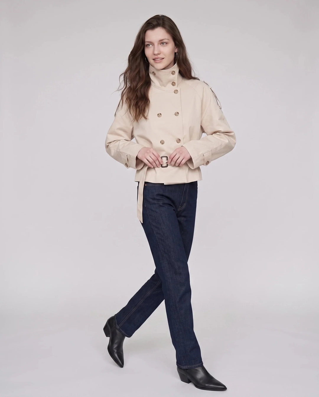 Women's short belted trench jacket with high stand collar and long sleeves