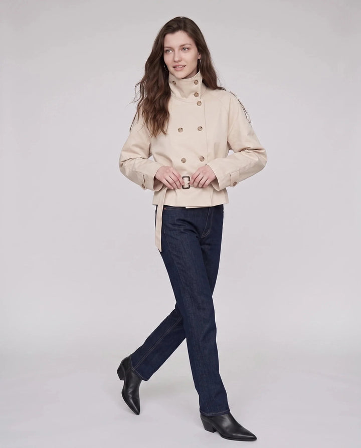 Women's short belted trench jacket with high stand collar and long sleeves