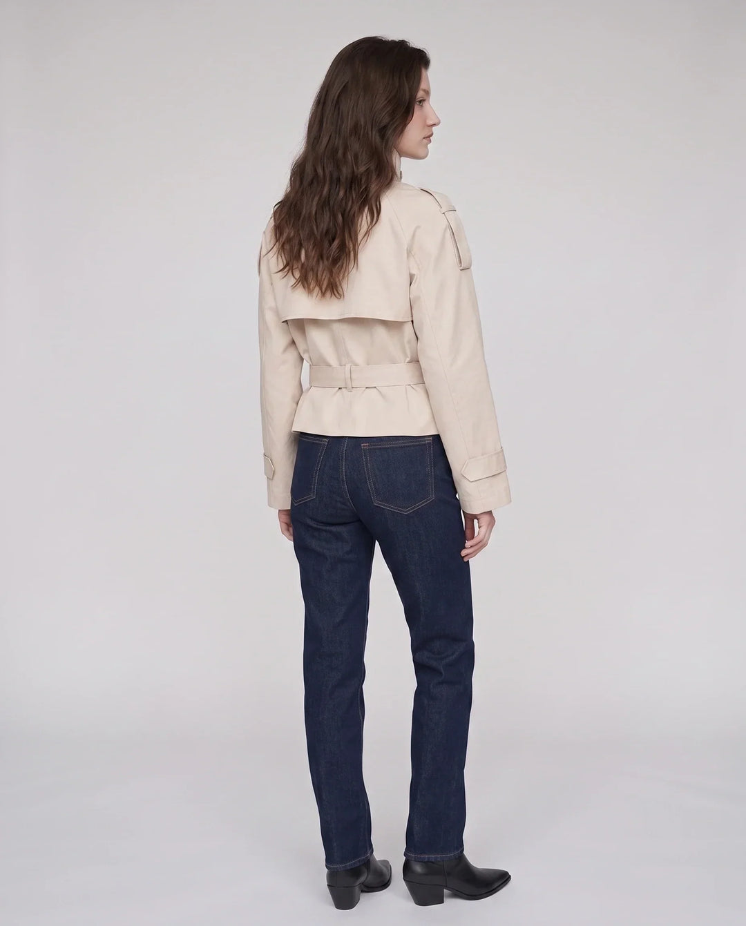Women's short belted trench jacket with high stand collar and long sleeves