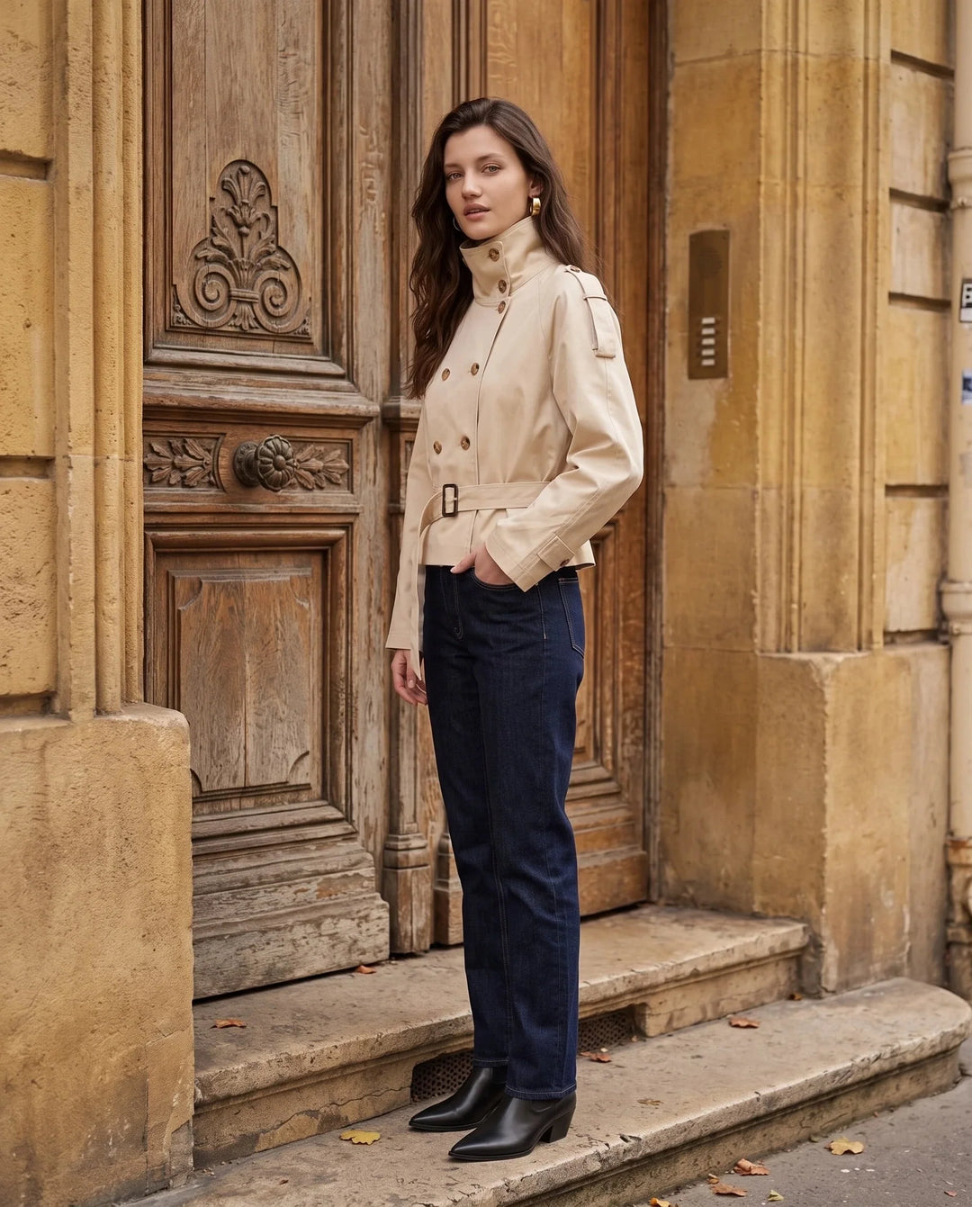 Women's short belted trench jacket with high stand collar and long sleeves