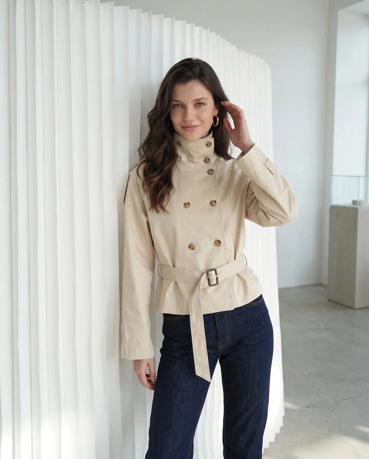 Women's short belted trench jacket with high stand collar and long sleeves