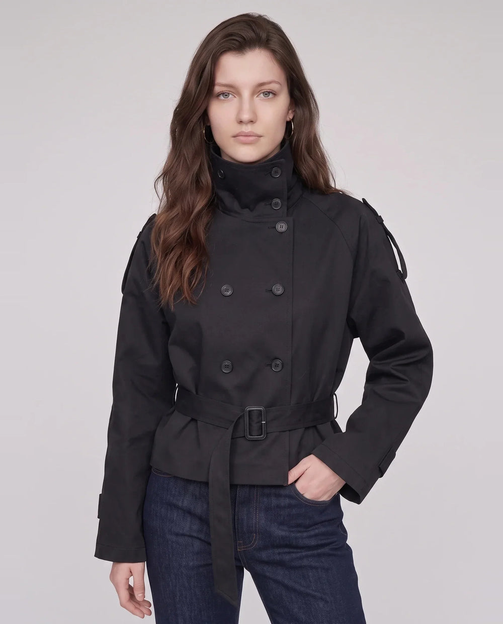 Women's short belted trench jacket with high stand collar and long sleeves