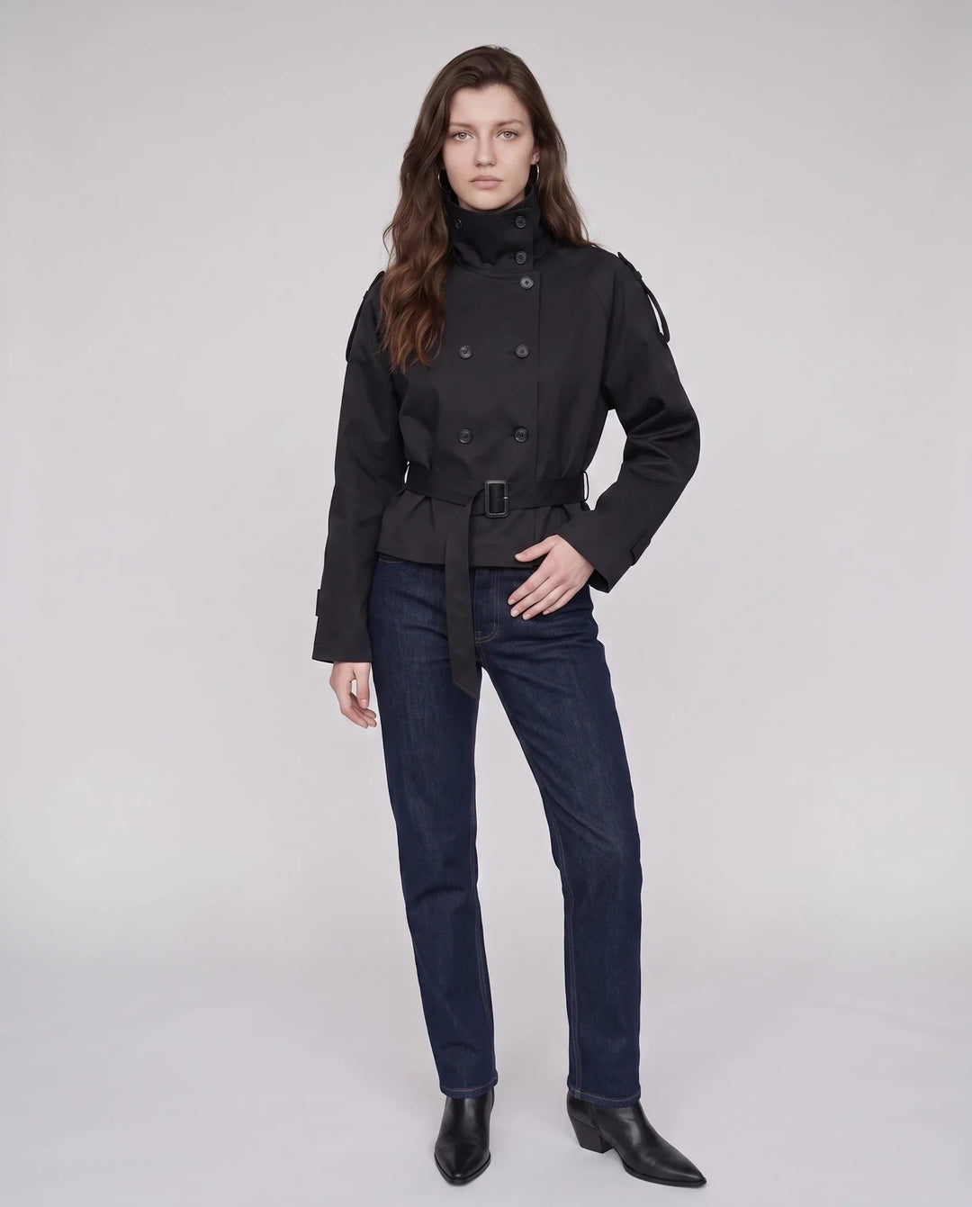 Women's short belted trench jacket with high stand collar and long sleeves