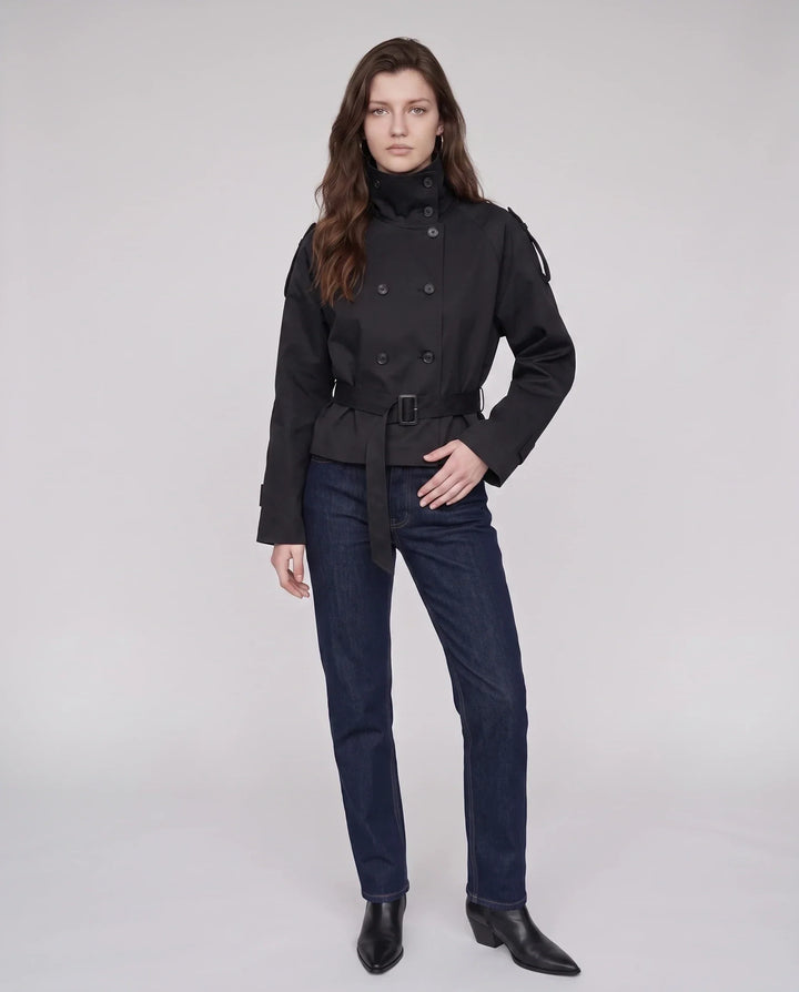 Women's short belted trench jacket with high stand collar and long sleeves