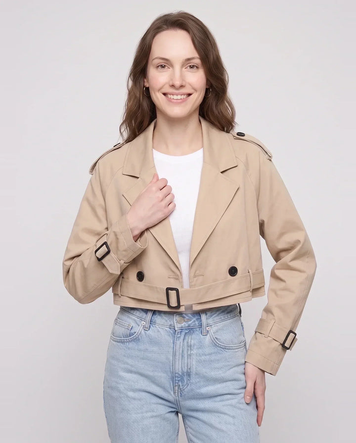 Women's beige cropped trench jacket with belt, lapels and buckle details