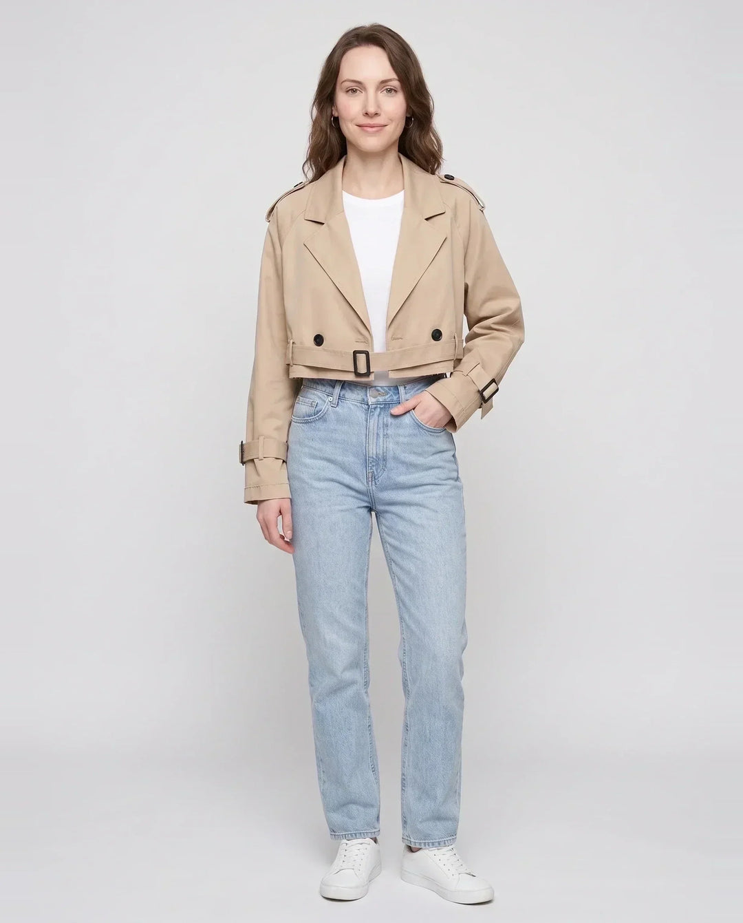 Women's beige cropped trench jacket with belt, lapels and buckle details