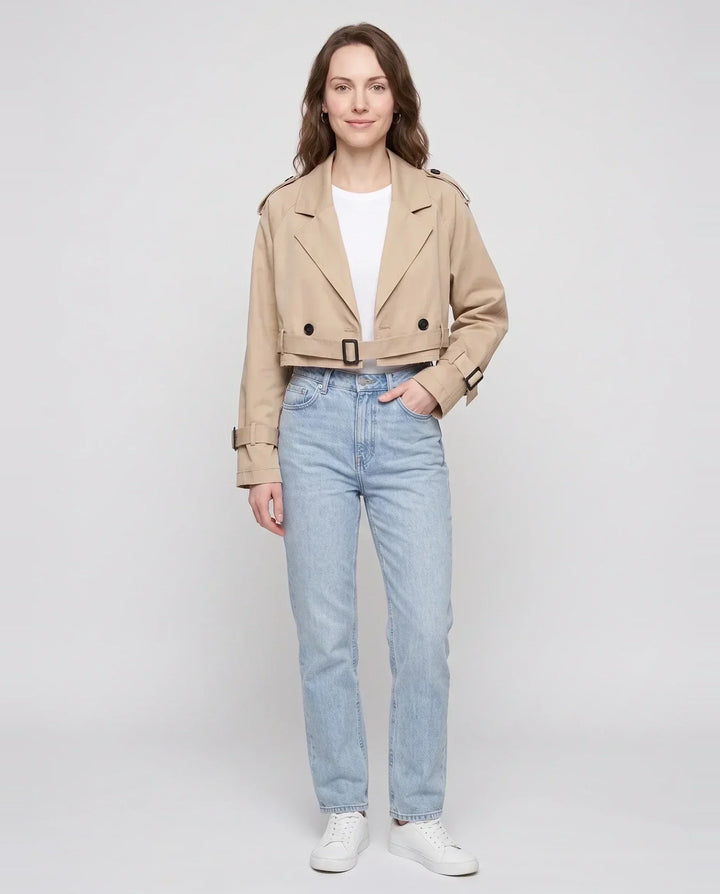 Women's beige cropped trench jacket with belt, lapels and buckle details