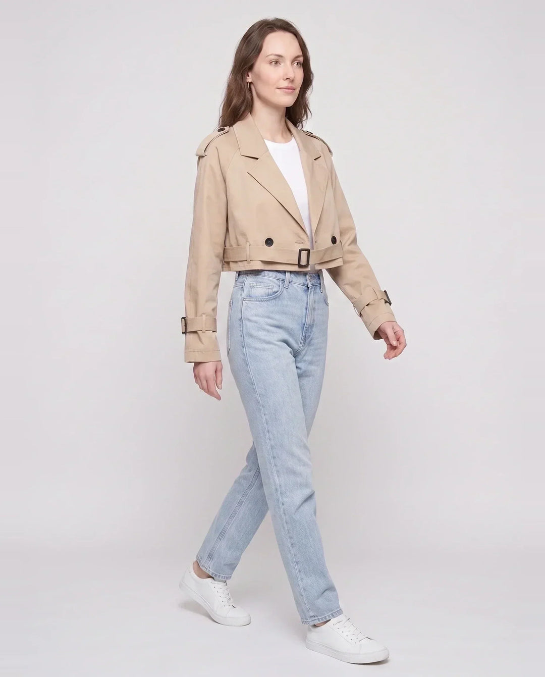 Women's beige cropped trench jacket with belt, lapels and buckle details