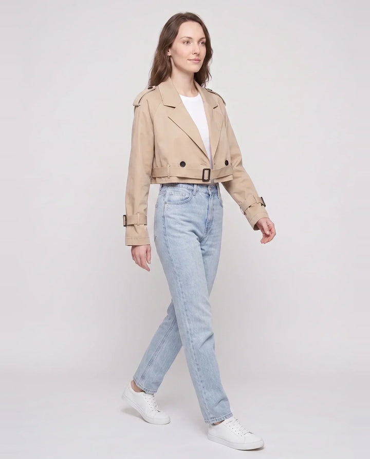 Women's beige cropped trench jacket with belt, lapels and buckle details