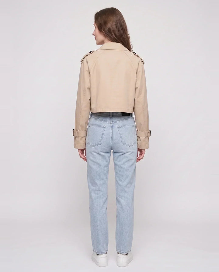 Women's beige cropped trench jacket with belt, lapels and buckle details