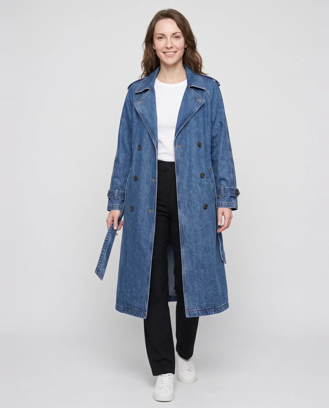 Women's long double-breasted trench coat with lapels, belt and cuff straps