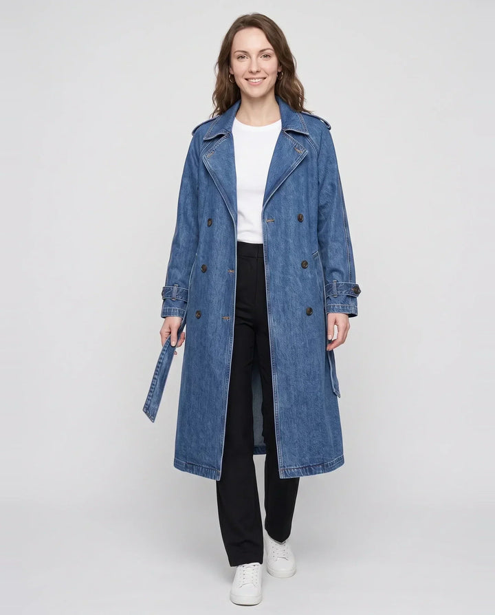 Women's long double-breasted trench coat with lapels, belt and cuff straps