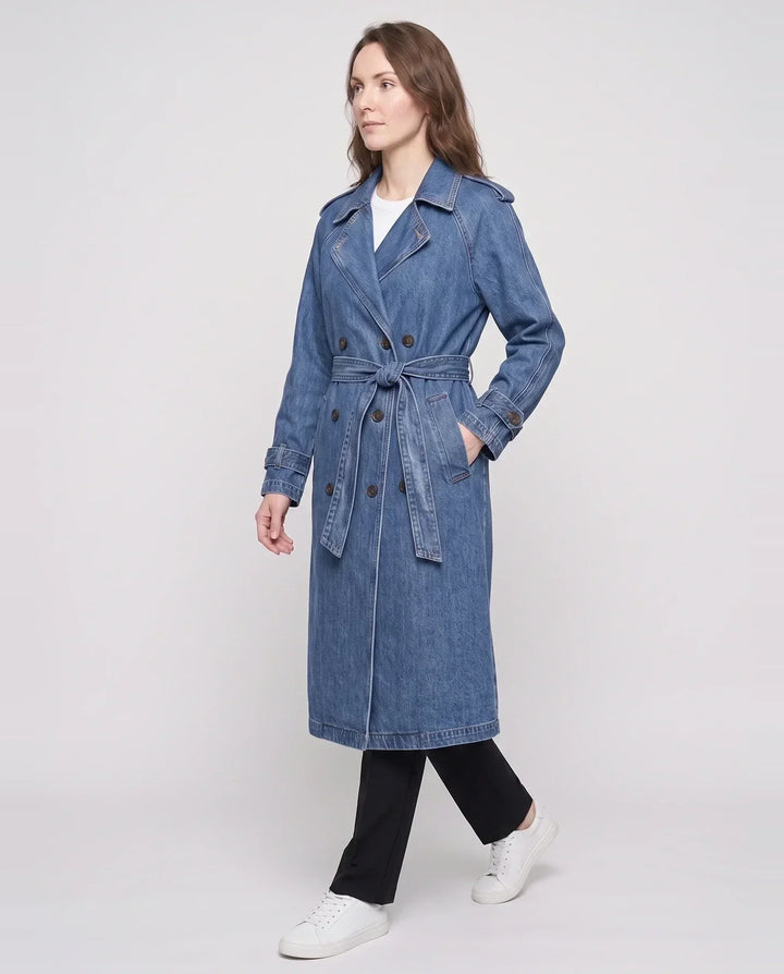 Women's long double-breasted trench coat with lapels, belt and cuff straps